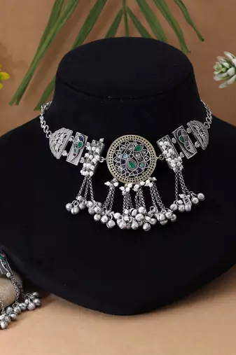 Multi color dual tone oxidised necklace set designed for bold statement traditional fashion appeal