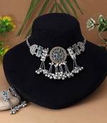 Multi color dual tone oxidised necklace set designed for bold statement traditional fashion appeal