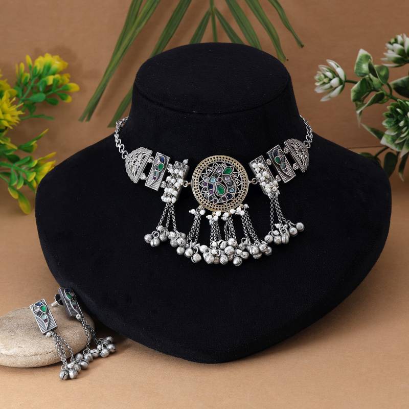 Multi color dual tone oxidised necklace set designed for bold statement traditional fashion appeal