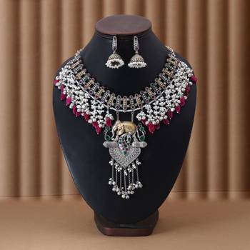 Rani & green color dual tone oxidised necklace set offering regal tones with ornate craftsmanship 2