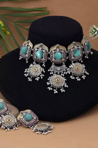 Pista green color choker dual tone oxidised necklace set crafted for a graceful classic look