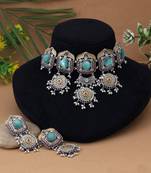 Pista green color choker dual tone oxidised necklace set crafted for a graceful classic look