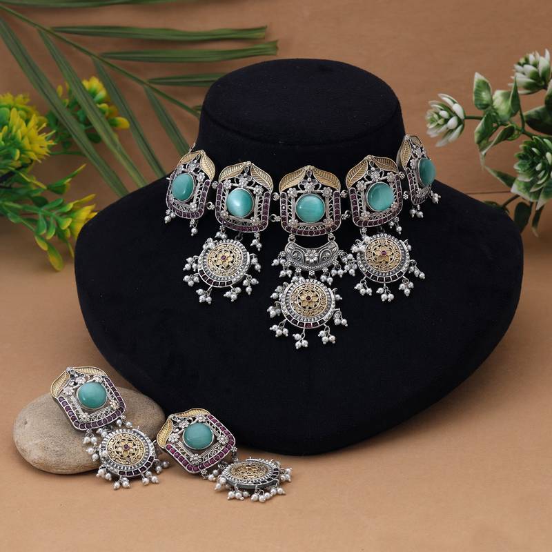 Pista green color choker dual tone oxidised necklace set crafted for a graceful classic look
