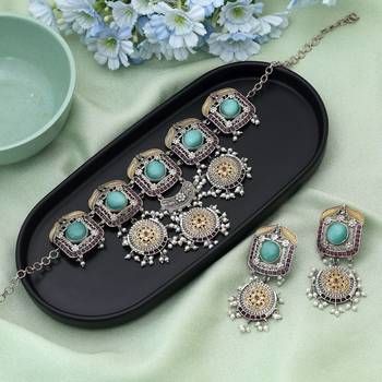 Pista green color choker dual tone oxidised necklace set crafted for a graceful classic look 2