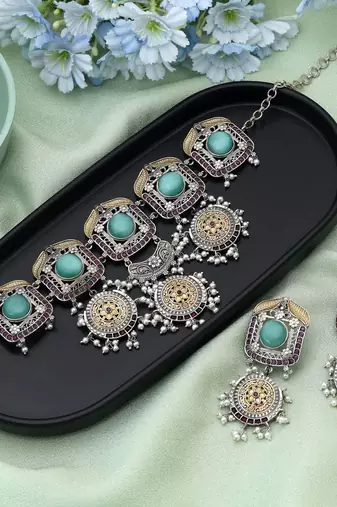 Pista green color choker dual tone oxidised necklace set crafted for a graceful classic look