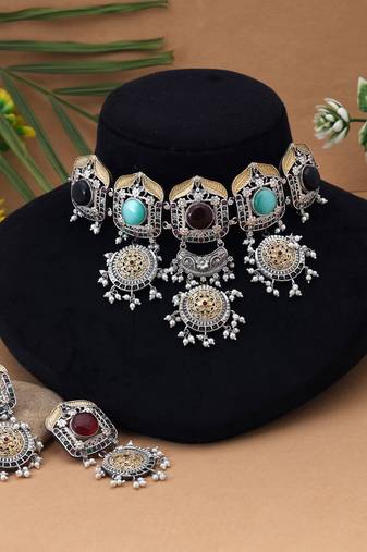 Multi color choker dual tone oxidised necklace set delivering vibrant festive elegance with oxidised finish