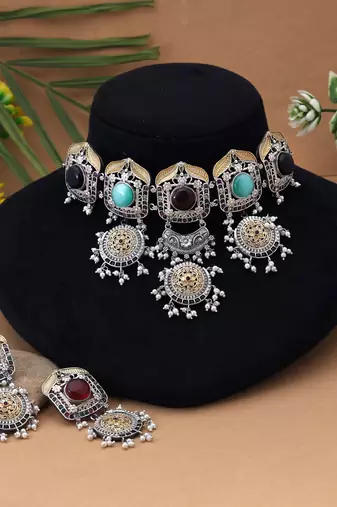 Multi color choker dual tone oxidised necklace set delivering vibrant festive elegance with oxidised finish
