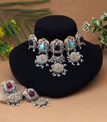 Multi color choker dual tone oxidised necklace set delivering vibrant festive elegance with oxidised finish