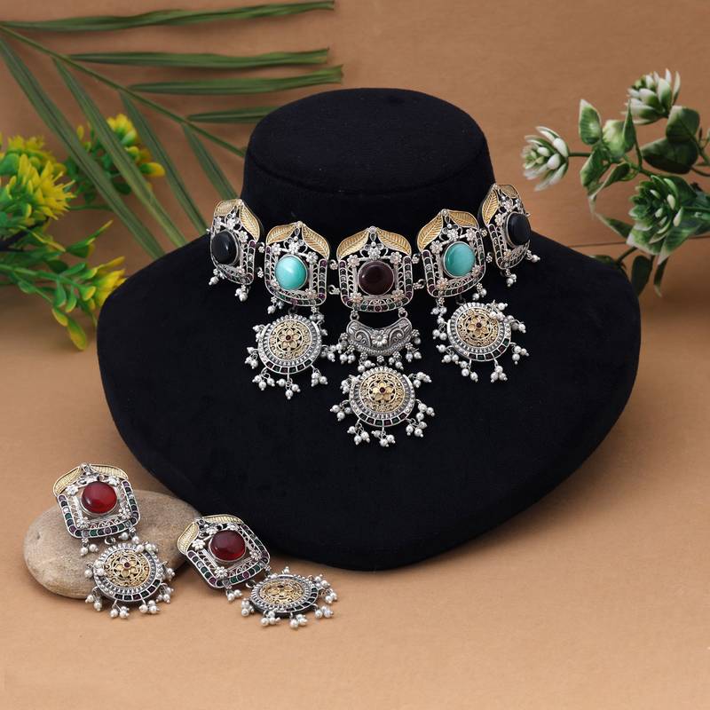 Multi color choker dual tone oxidised necklace set delivering vibrant festive elegance with oxidised finish