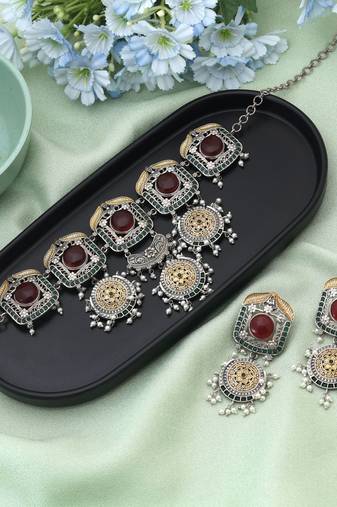 Red color choker dual tone oxidised necklace set showcasing bold hues and refined oxidised work