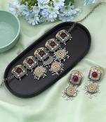Red color choker dual tone oxidised necklace set showcasing bold hues and refined oxidised work