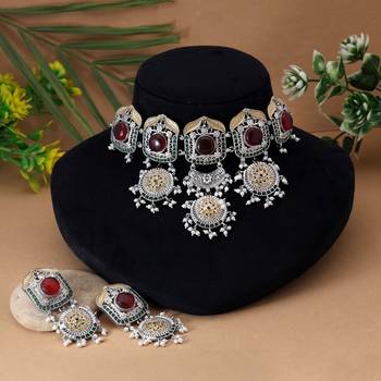 Red color choker dual tone oxidised necklace set showcasing bold hues and refined oxidised work 2