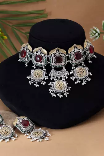 Red color choker dual tone oxidised necklace set showcasing bold hues and refined oxidised work