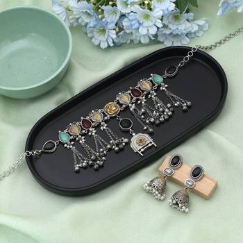 Multi color choker dual tone oxidised necklace set offering colorful charm with meticulous oxidised detailing 1