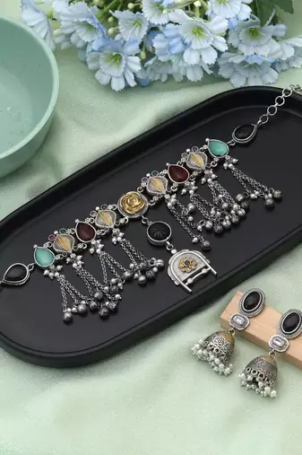 Multi color choker dual tone oxidised necklace set offering colorful charm with meticulous oxidised detailing