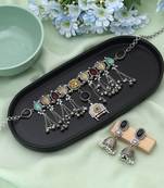 Multi color choker dual tone oxidised necklace set offering colorful charm with meticulous oxidised detailing