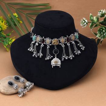 Multi color choker dual tone oxidised necklace set offering colorful charm with meticulous oxidised detailing 2