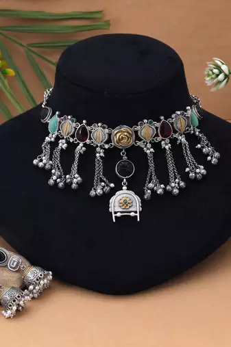 Multi color choker dual tone oxidised necklace set offering colorful charm with meticulous oxidised detailing