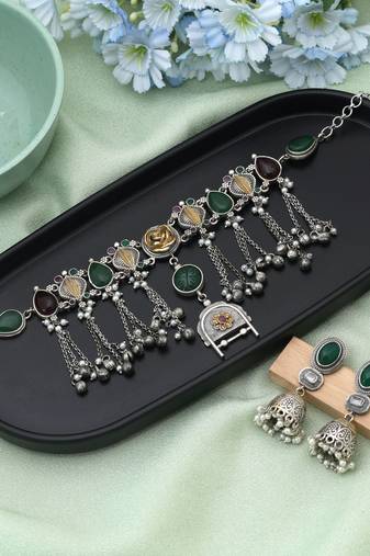 Maroon & green color choker dual tone oxidised necklace set designed for rich traditional festive appearance