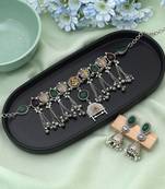 Maroon & green color choker dual tone oxidised necklace set designed for rich traditional festive appearance
