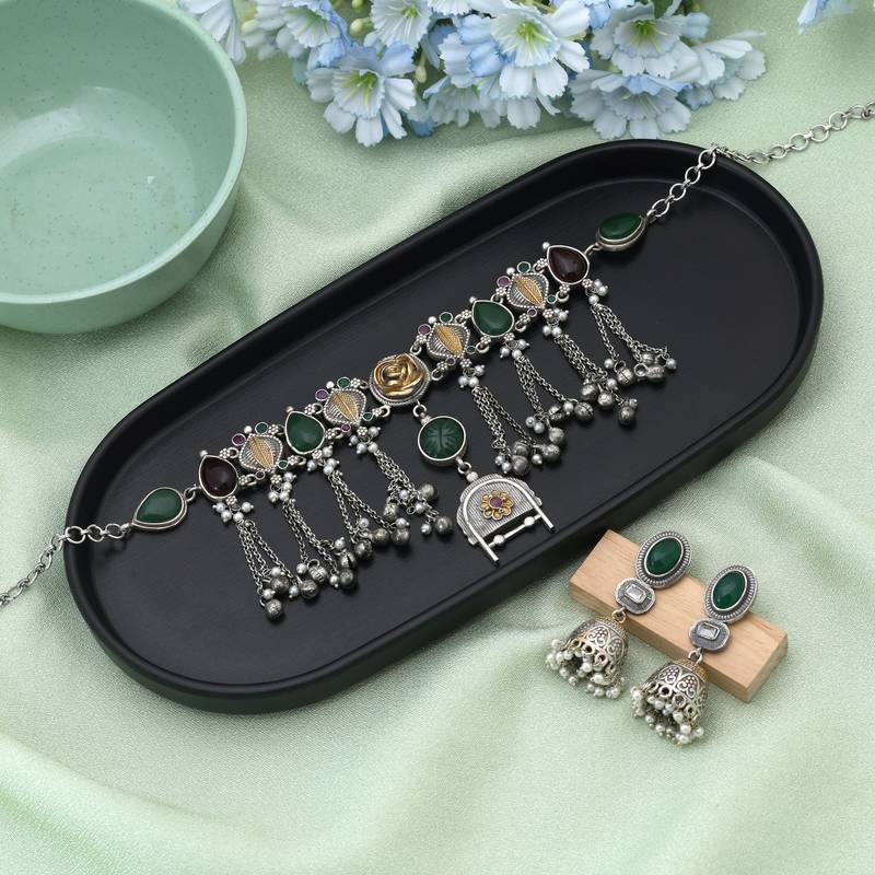 Maroon & green color choker dual tone oxidised necklace set designed for rich traditional festive appearance