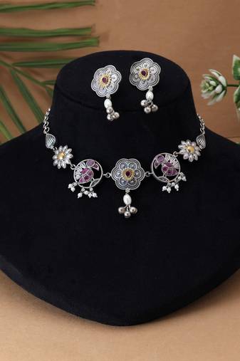 Rani color choker dual tone oxidised necklace set crafted with bold artistic oxidised metal detailing