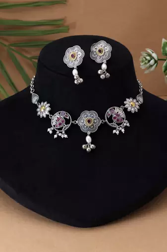 Rani color choker dual tone oxidised necklace set crafted with bold artistic oxidised metal detailing