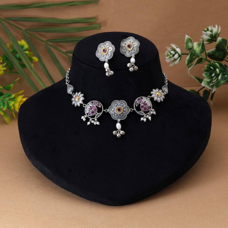 Rani color choker dual tone oxidised necklace set crafted with bold artistic oxidised metal detailing