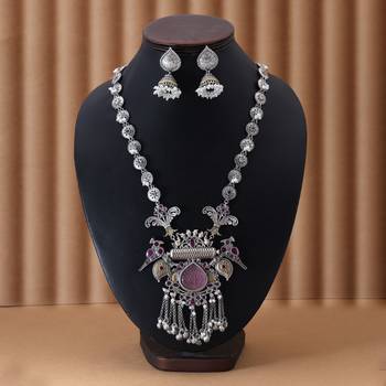 Light pink & rani color dual tone oxidised necklace set blending soft tones with exquisite oxidised styling 1