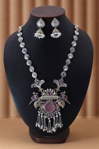 Light pink & rani color dual tone oxidised necklace set blending soft tones with exquisite oxidised styling