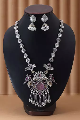 Light pink & rani color dual tone oxidised necklace set blending soft tones with exquisite oxidised styling