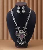 Light pink & rani color dual tone oxidised necklace set blending soft tones with exquisite oxidised styling