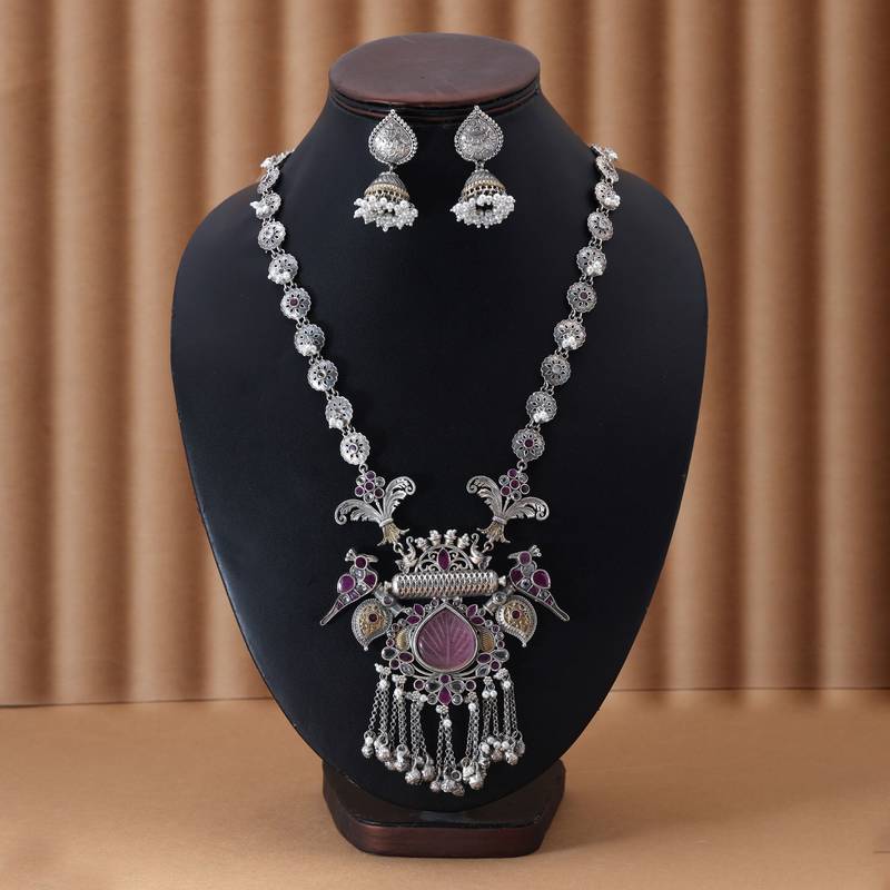 Light pink & rani color dual tone oxidised necklace set blending soft tones with exquisite oxidised styling