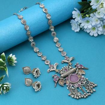 Light pink & rani color dual tone oxidised necklace set blending soft tones with exquisite oxidised styling 2