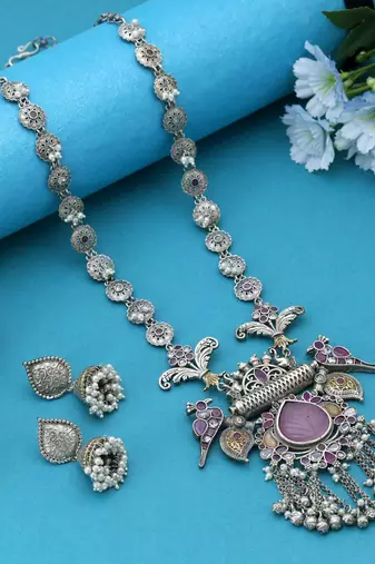 Light pink & rani color dual tone oxidised necklace set blending soft tones with exquisite oxidised styling