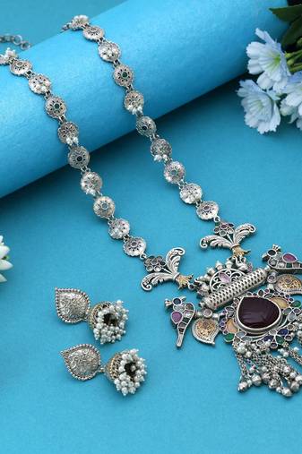 Multi color dual tone oxidised necklace set created for versatile styling with intricate traditional artistry