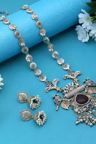 Multi color dual tone oxidised necklace set created for versatile styling with intricate traditional artistry