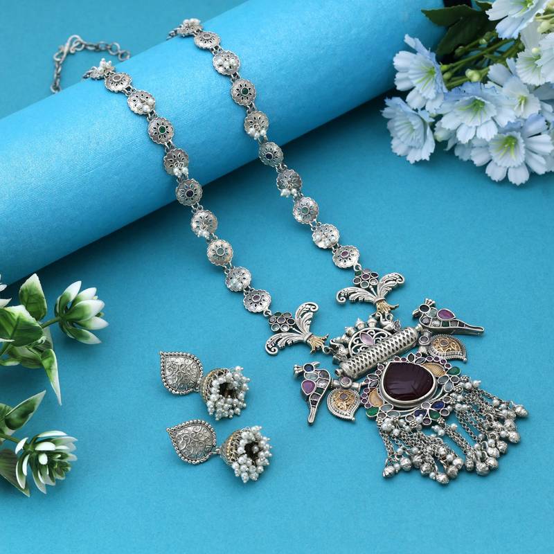 Multi color dual tone oxidised necklace set created for versatile styling with intricate traditional artistry