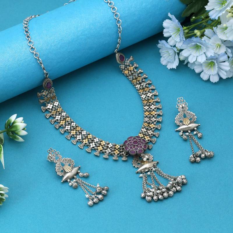Rani color dual tone oxidised necklace set enriched with vibrant hues and elegant oxidised craftsmanship