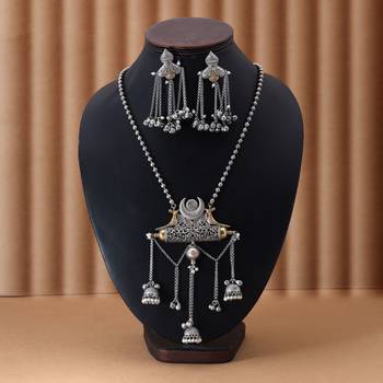 Silver color dual tone oxidised necklace set featuring classic metallic tones with ornate oxidised texture 1