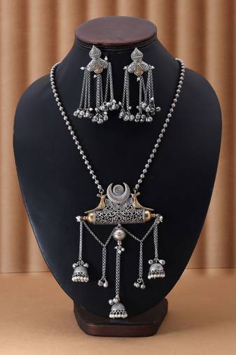 Silver color dual tone oxidised necklace set featuring classic metallic tones with ornate oxidised texture