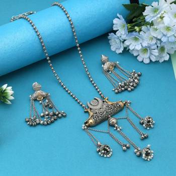 Silver color dual tone oxidised necklace set featuring classic metallic tones with ornate oxidised texture 2