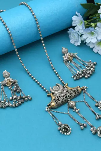 Silver color dual tone oxidised necklace set featuring classic metallic tones with ornate oxidised texture