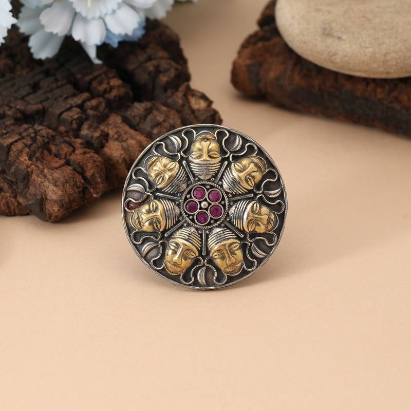 Rani color dual tone oxidised rings crafted with bold vibrant shades and traditional oxidised patterns