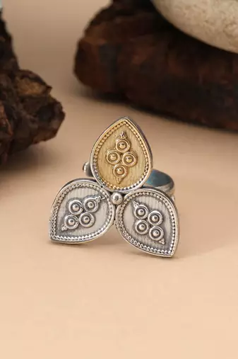 Gold & silver color dual tone oxidised rings blending modern metallic contrast with timeless ethnic artistry