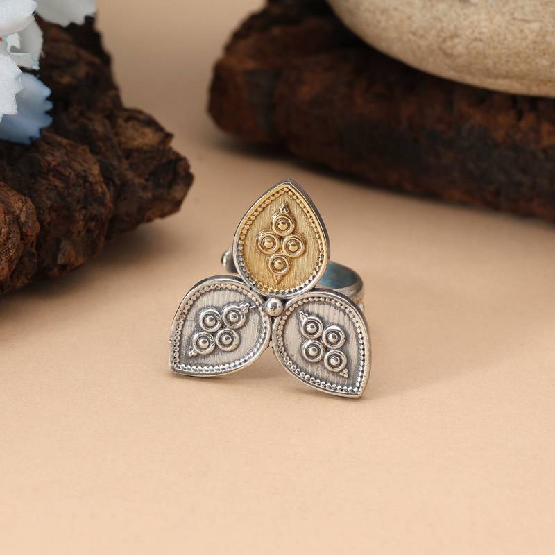 Gold & silver color dual tone oxidised rings blending modern metallic contrast with timeless ethnic artistry