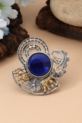 Blue color dual tone oxidised rings featuring striking cool tones with detailed oxidised metalwork