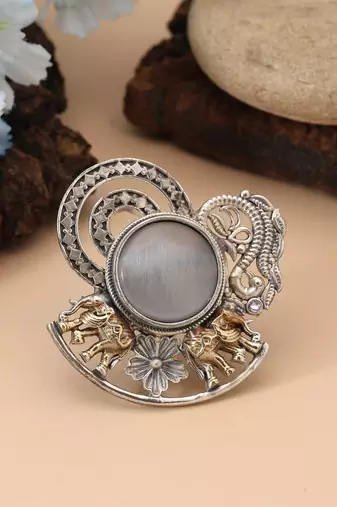 Grey color dual tone oxidised rings designed with soft neutral tones and intricate handcrafted oxidised styling