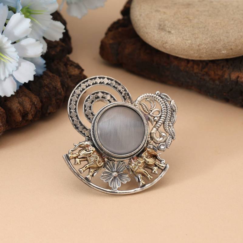 Grey color dual tone oxidised rings designed with soft neutral tones and intricate handcrafted oxidised styling