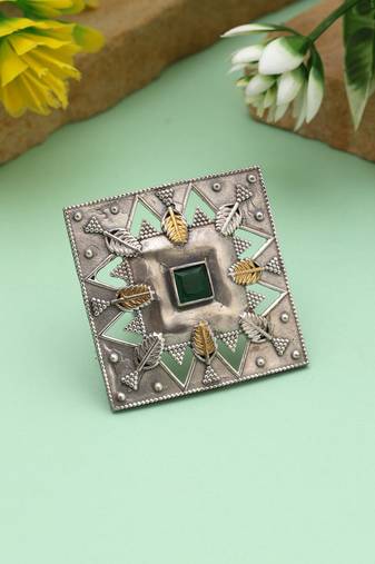Green color dual tone oxidised rings showcasing nature-inspired hues with elegantly carved oxidised design